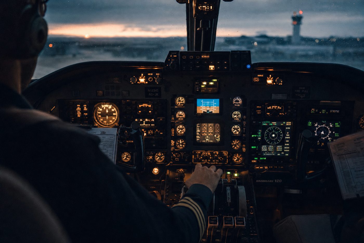 The interior cockpit of a turboprop aircraft at dawn, instruments glowing warmly against the cold light through the windshield.
