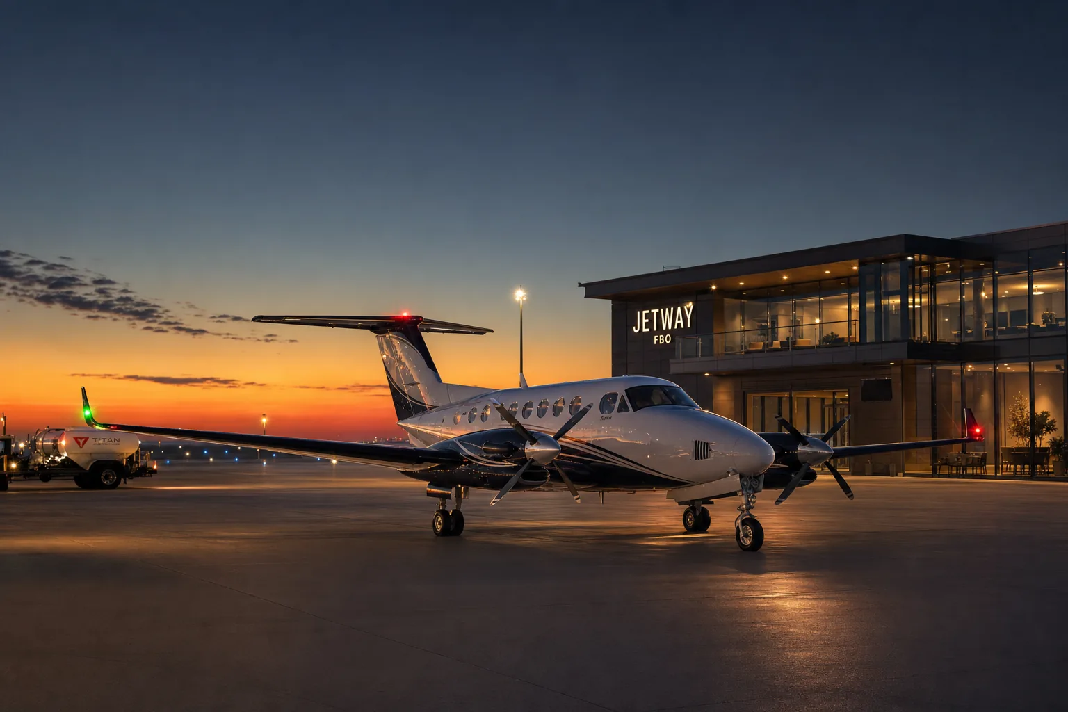 A turbine aircraft parked on a modern FBO ramp at civil twilight, nav lights glowing softly against a deep dusk sky.