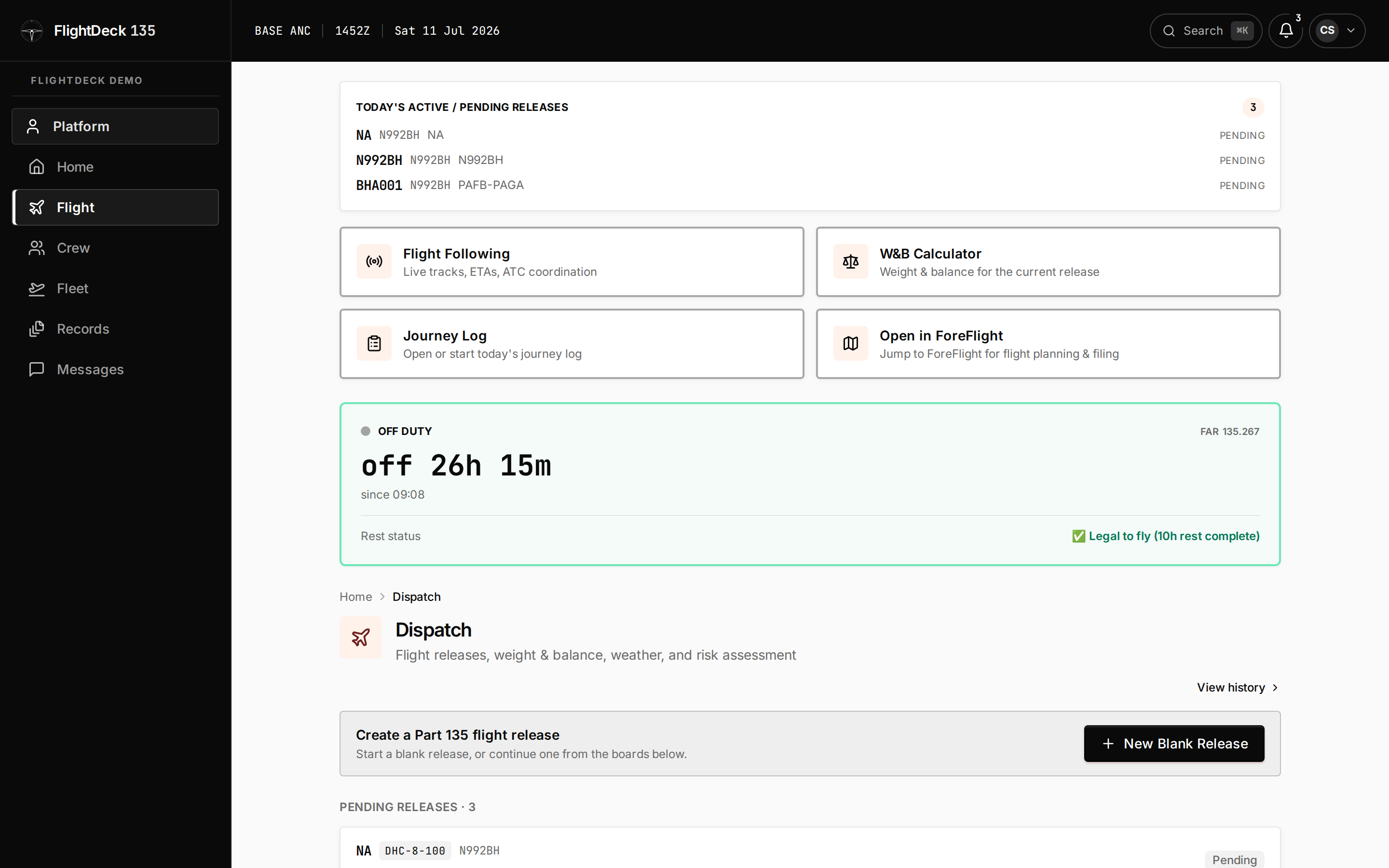 FlightDeck 135 dispatch dashboard — pending releases, W&B, Flight Following
