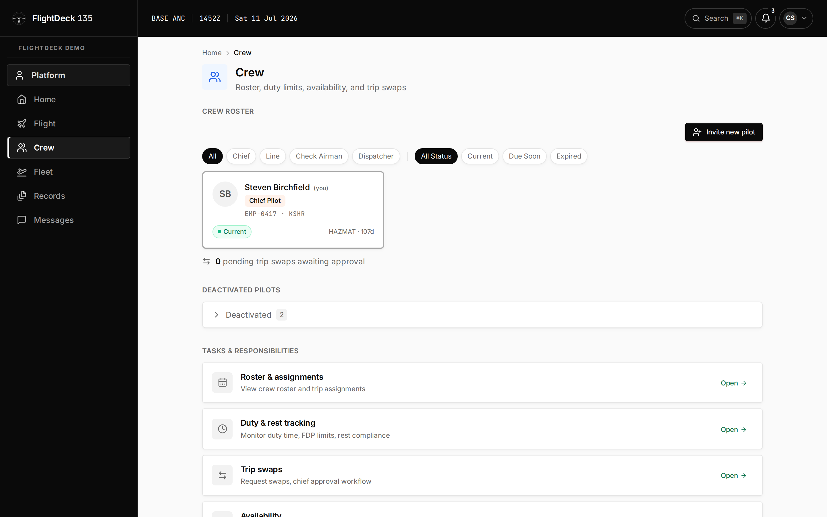 Crew roster — filter by role and currency status, invite pilots